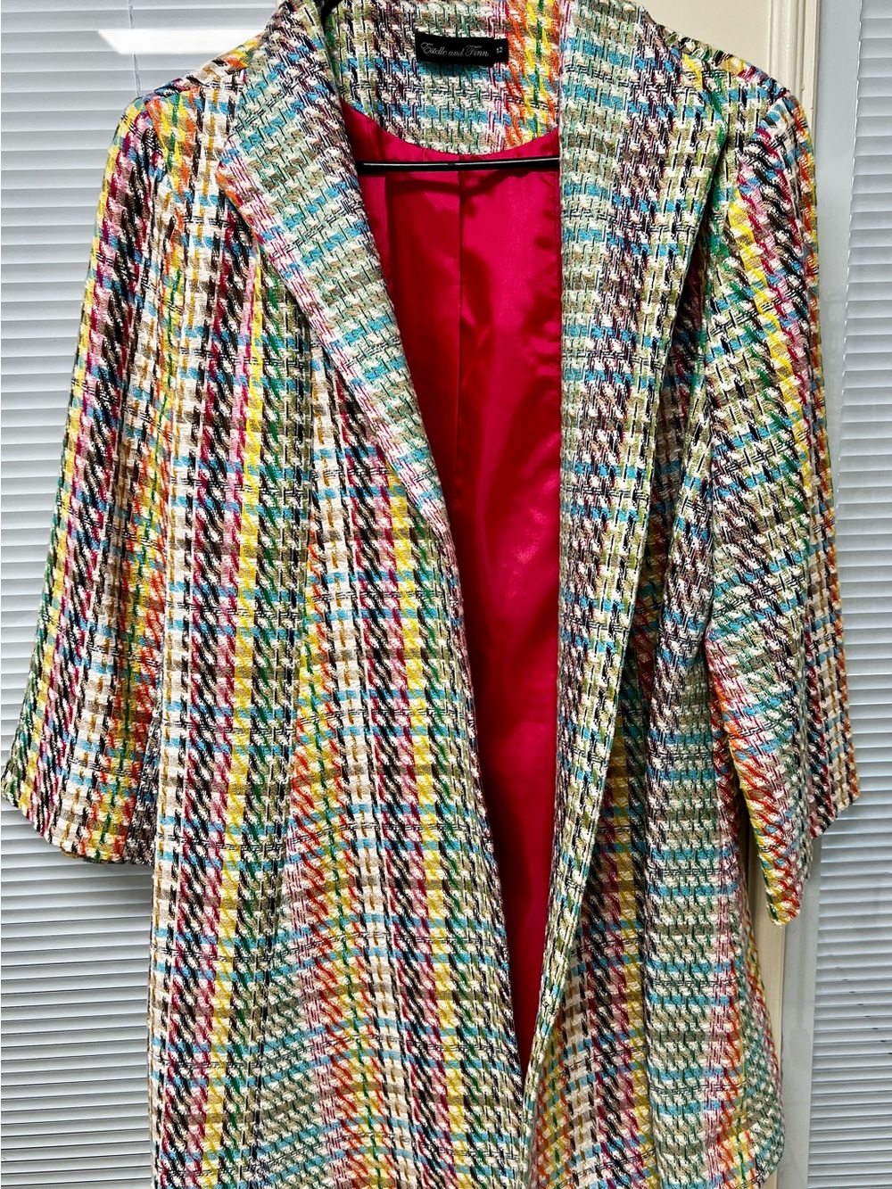 Multicolor Tweed Open-Front Blazer with Red Lining